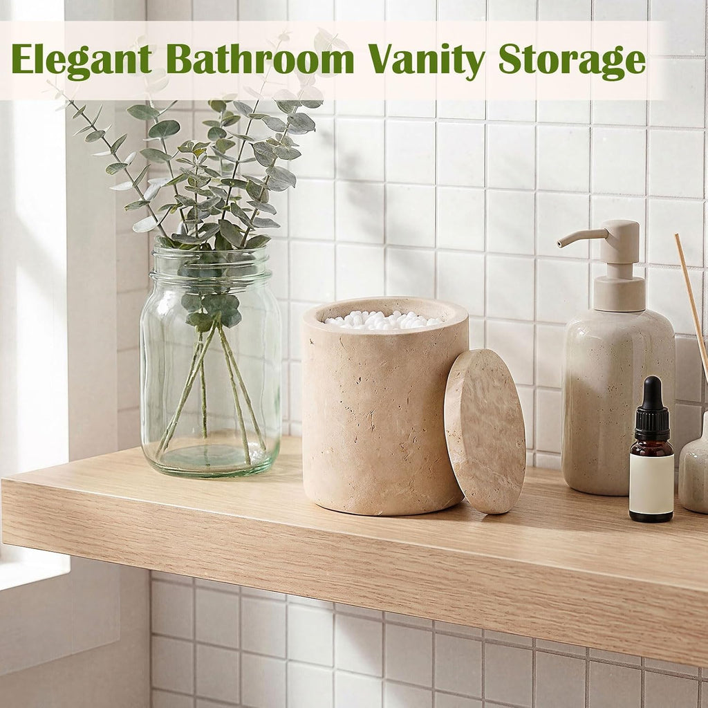 Travertine Qtip Holder with Lid Natural Bathroom Canister Storage