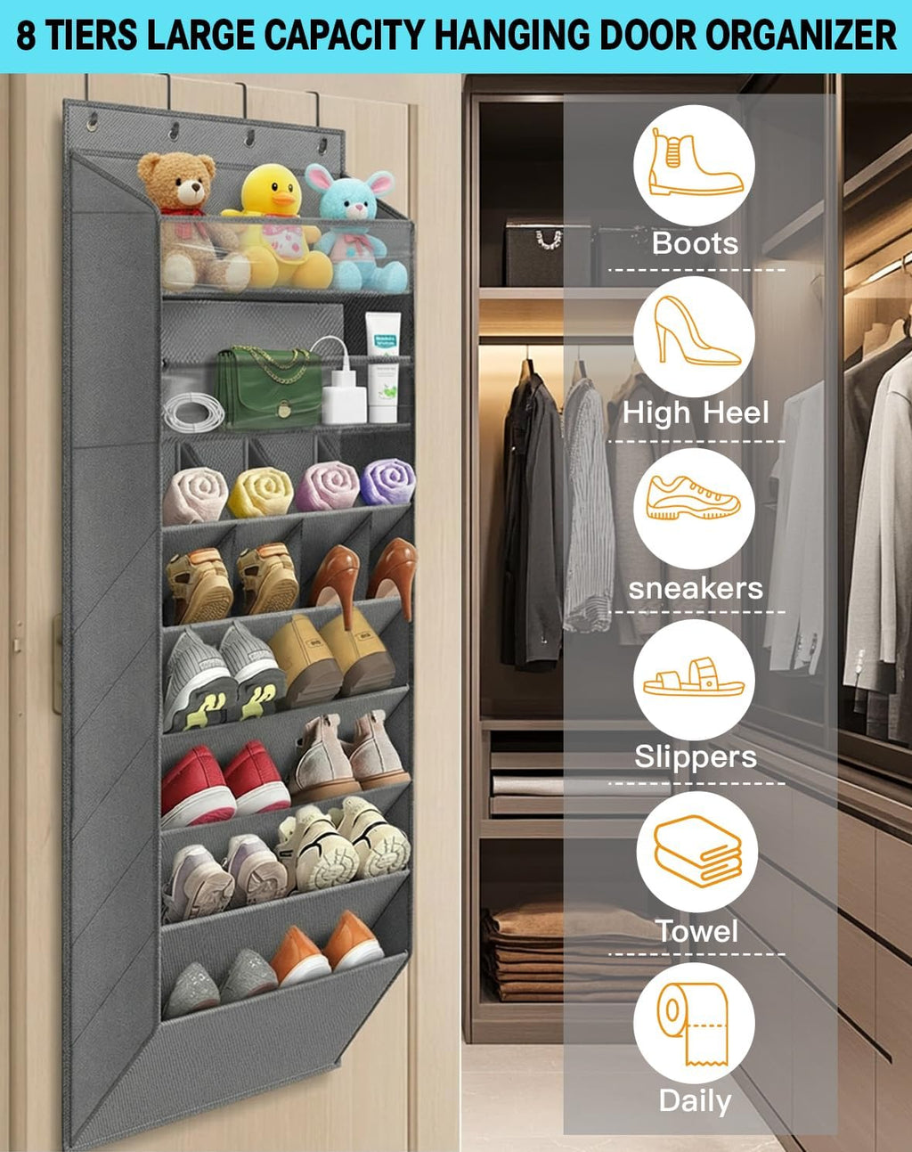 Over The Door Shoe Storage Organizer, 8 Tiers Hanging Shoe Rack Behind Door Shoe Holder with 6 Large Deep Pockets 8 Small Pockets, Narrow Shoe Rack for Closet Bedroom Bathroom Nursery RV Dorm, Grey