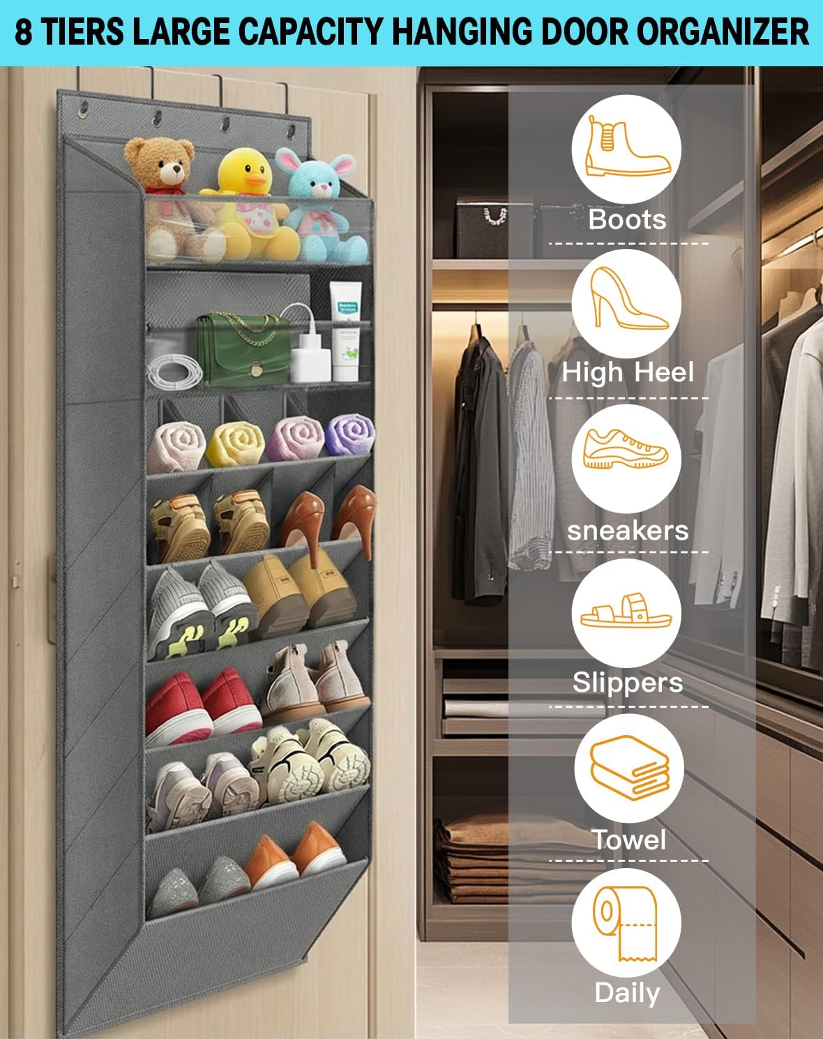 Over The Door Shoe Storage Organizer, 8 Tiers Hanging Shoe Rack Behind Door Shoe Holder with 6 Large Deep Pockets 8 Small Pockets, Narrow Shoe Rack for Closet Bedroom Bathroom Nursery RV Dorm, Grey