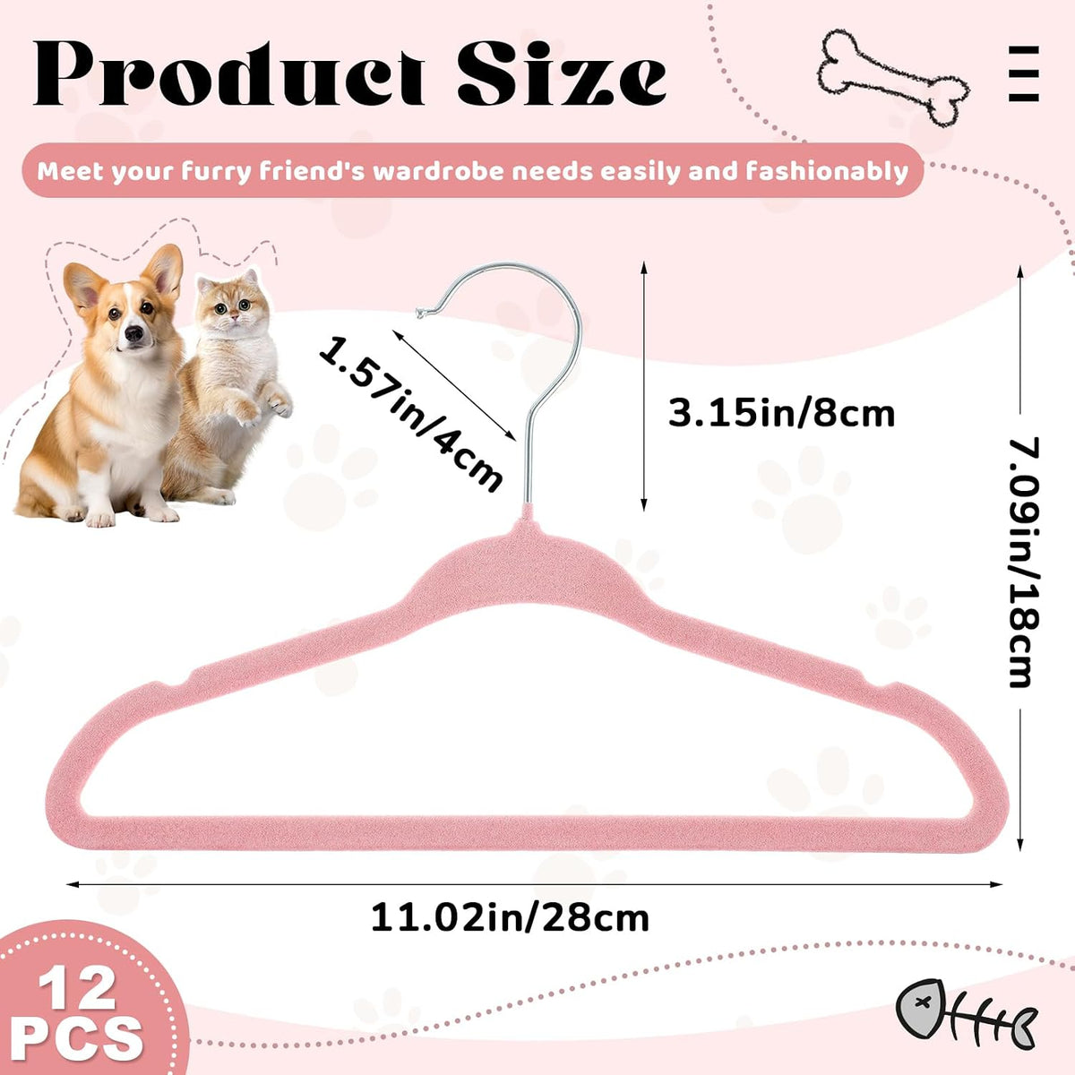 Weysat 12 Pcs Pink Pet Hangers 11" Non-Slip Velvet 360° Swivel Hook