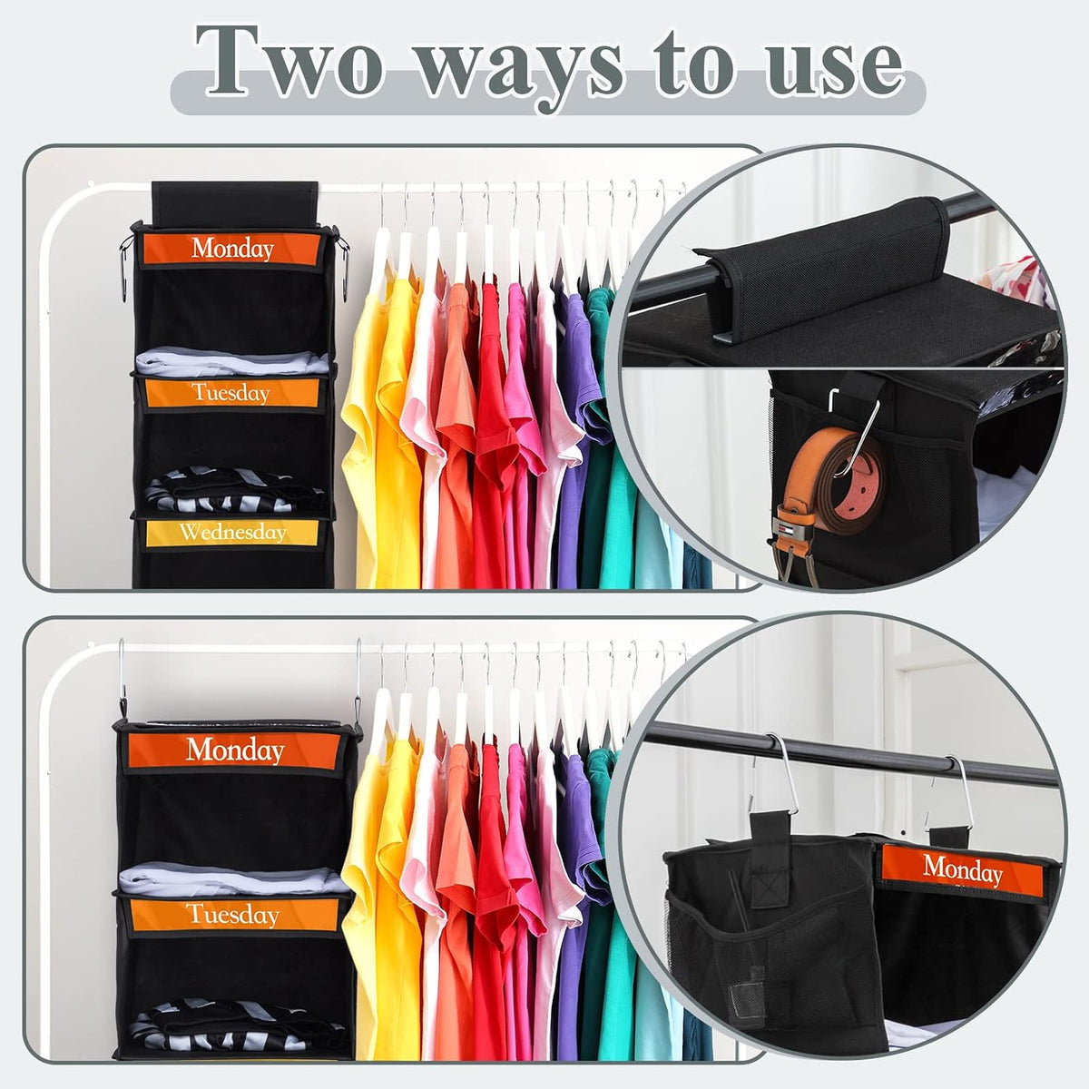Amylove 2 Pcs 6 Shelf Hanging Weekly Clothes Organizer for Kid,Black