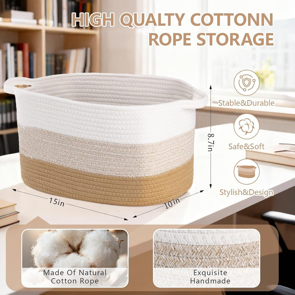 Cotton Rope Braid Storage Basket for Baby Carrier Toy Storage Bag Gift Basket for Kids Laundry Basket Baby Blanket Storage Measures 15x10x10 inches. (Khaki White)