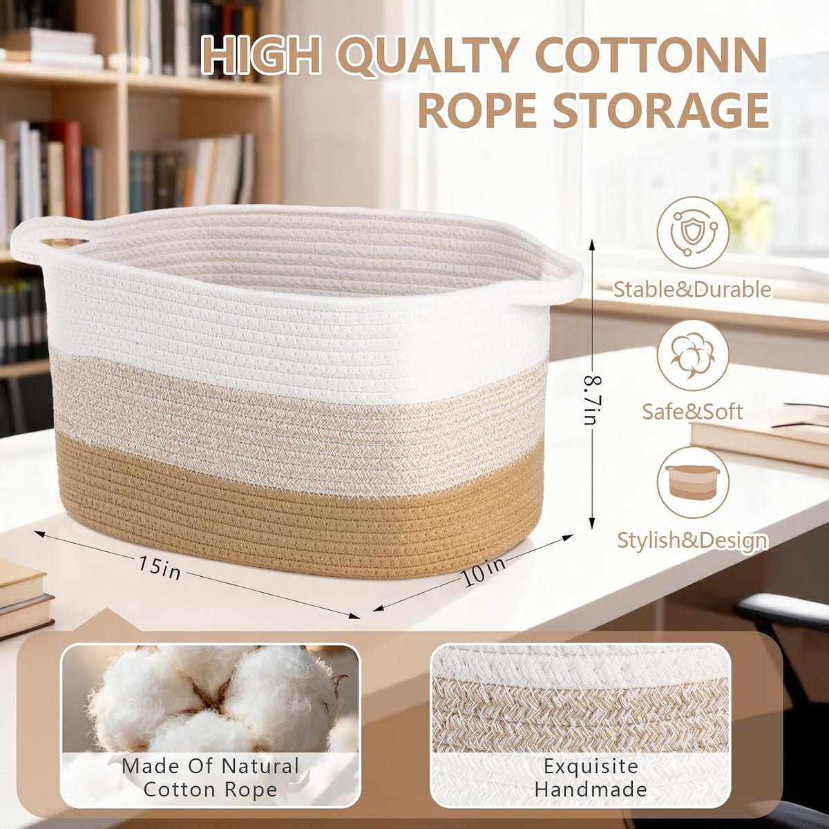 Cotton Rope Braid Storage Basket for Baby Carrier Toy Storage Bag Gift Basket for Kids Laundry Basket Baby Blanket Storage Measures 15x10x10 inches. (Khaki White)