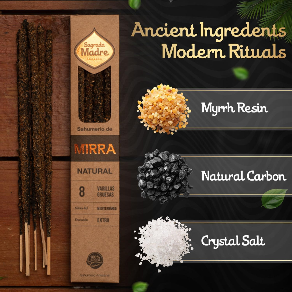 Sagrada Madre Natural Myrrh Incense, 8 Sticks, 9-Inch Long