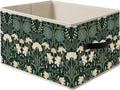 Vintage Art Deco Dark Green Floral Storage Bin Box with Handles, William Morris Inspired Flower Foldable Organizer Basket Toybox for Home Bedroom Bathroom Clothes Toys Books