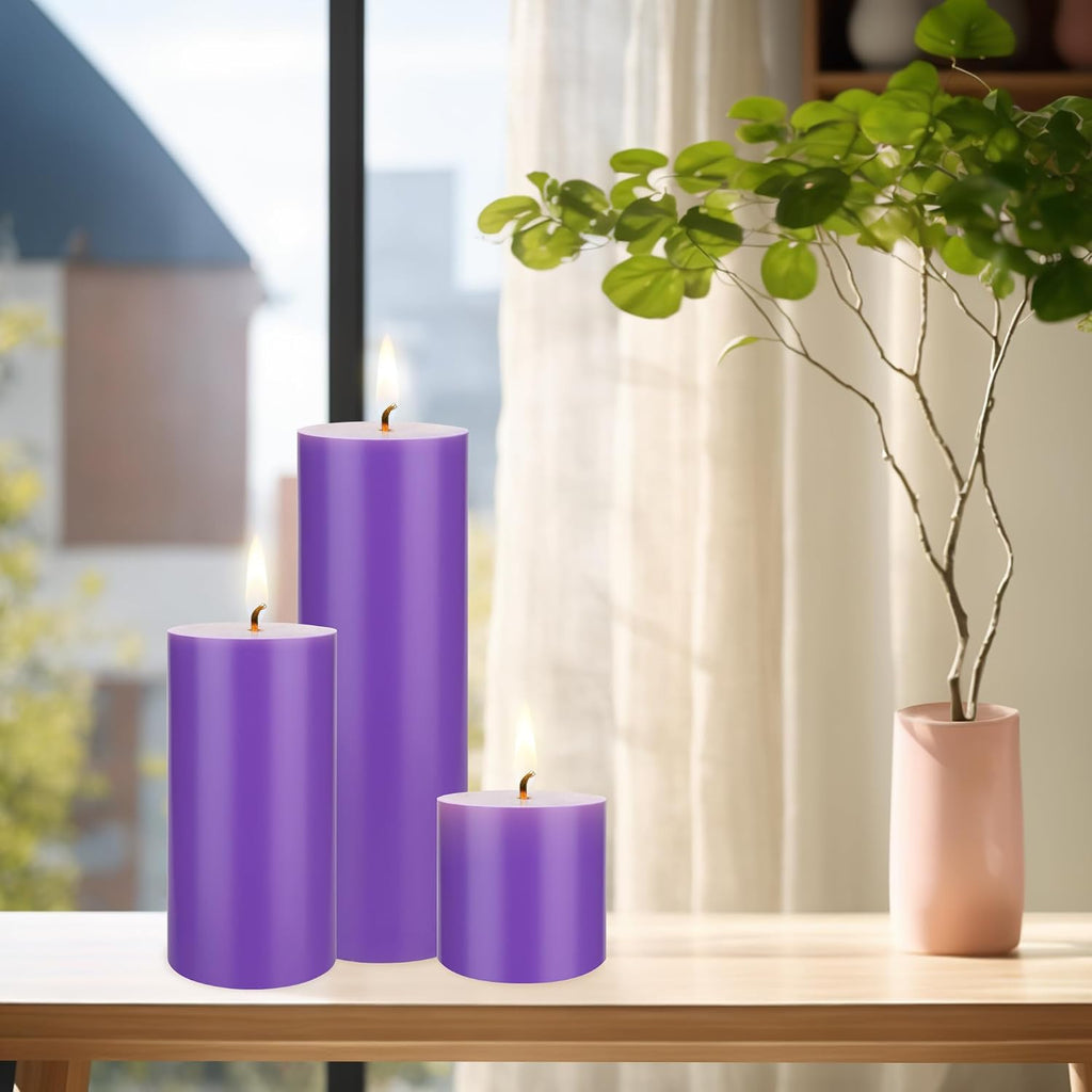 Mega Candles 3 pcs Unscented Solid Lavender Pillar Candles, Hand Poured Premium Wax Candle 3 Inch x 6 Inch, Home Décor, Spas, Weddings, Occasions, Party, Centerpieces, Holidays, Vigils, Prayers