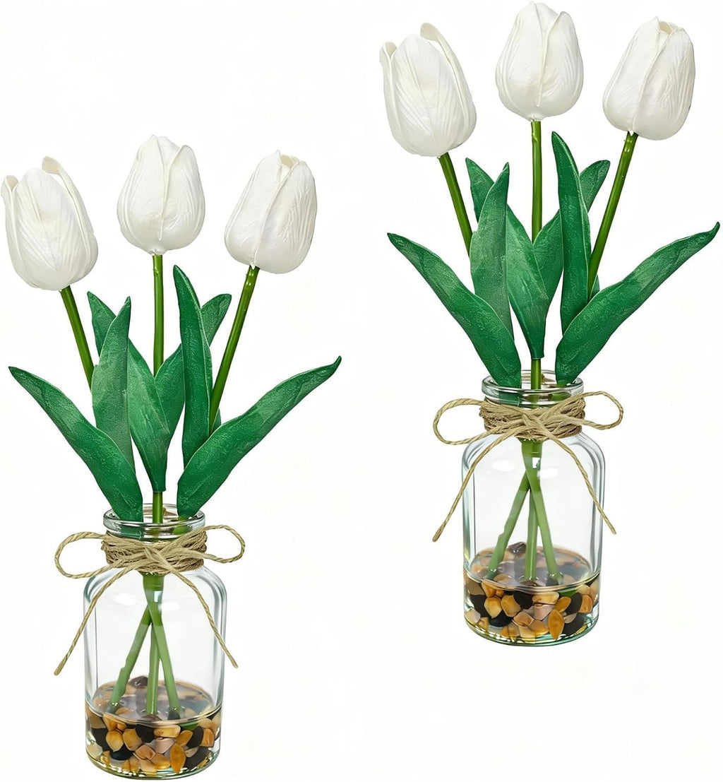 2 Packs Artificial Tulips Flowers in Glass Vase with Faux Water Stone,White