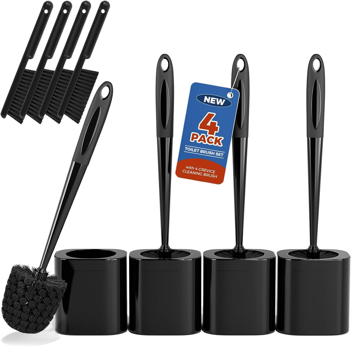 Holaloha Toilet Brush and Holder Set, Space Saving, 4 Pack, Black