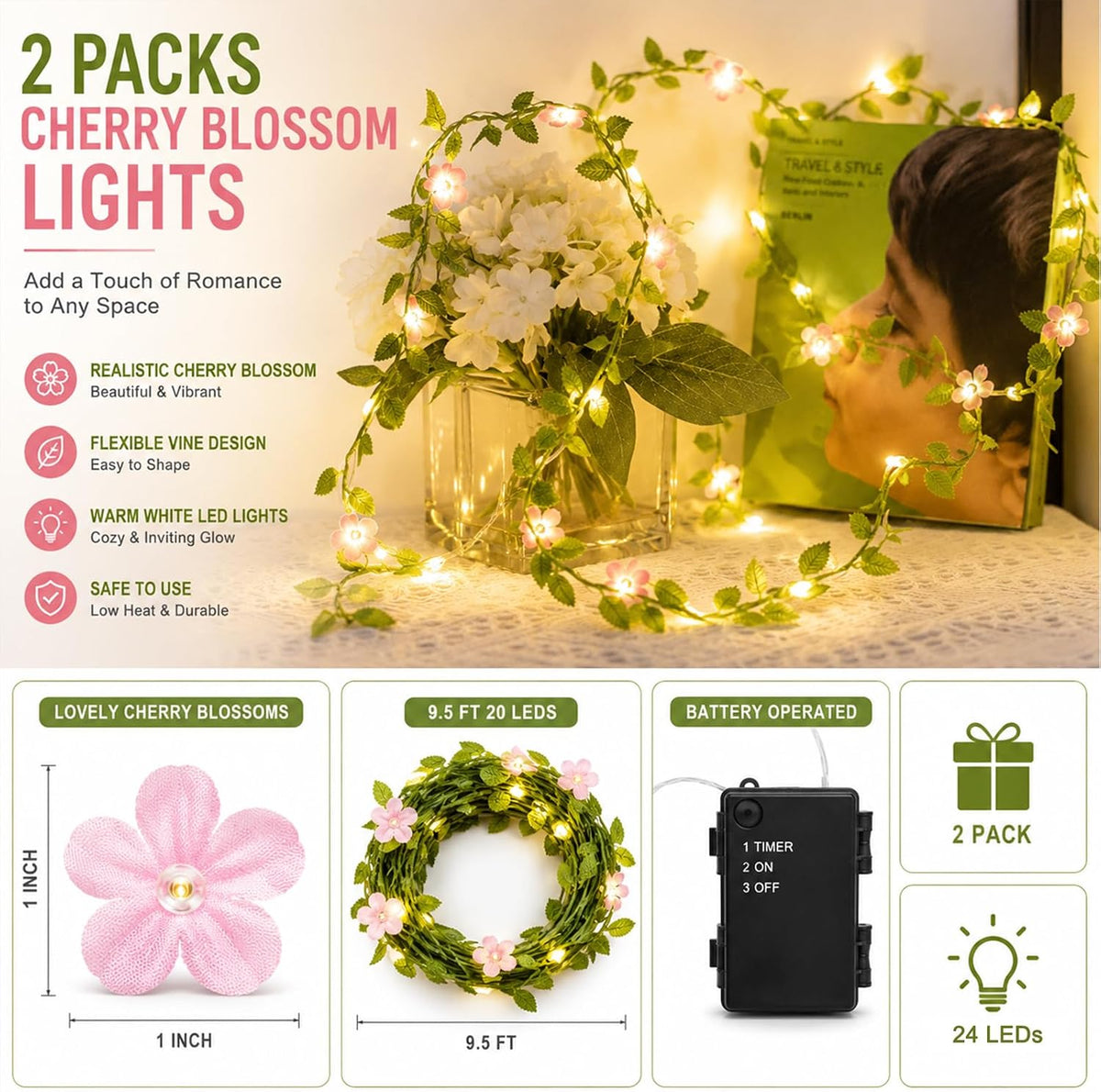 Vigdur 2 Packs Cherry Blossom Lights Battery Powered with 48 Flowers, 19FT