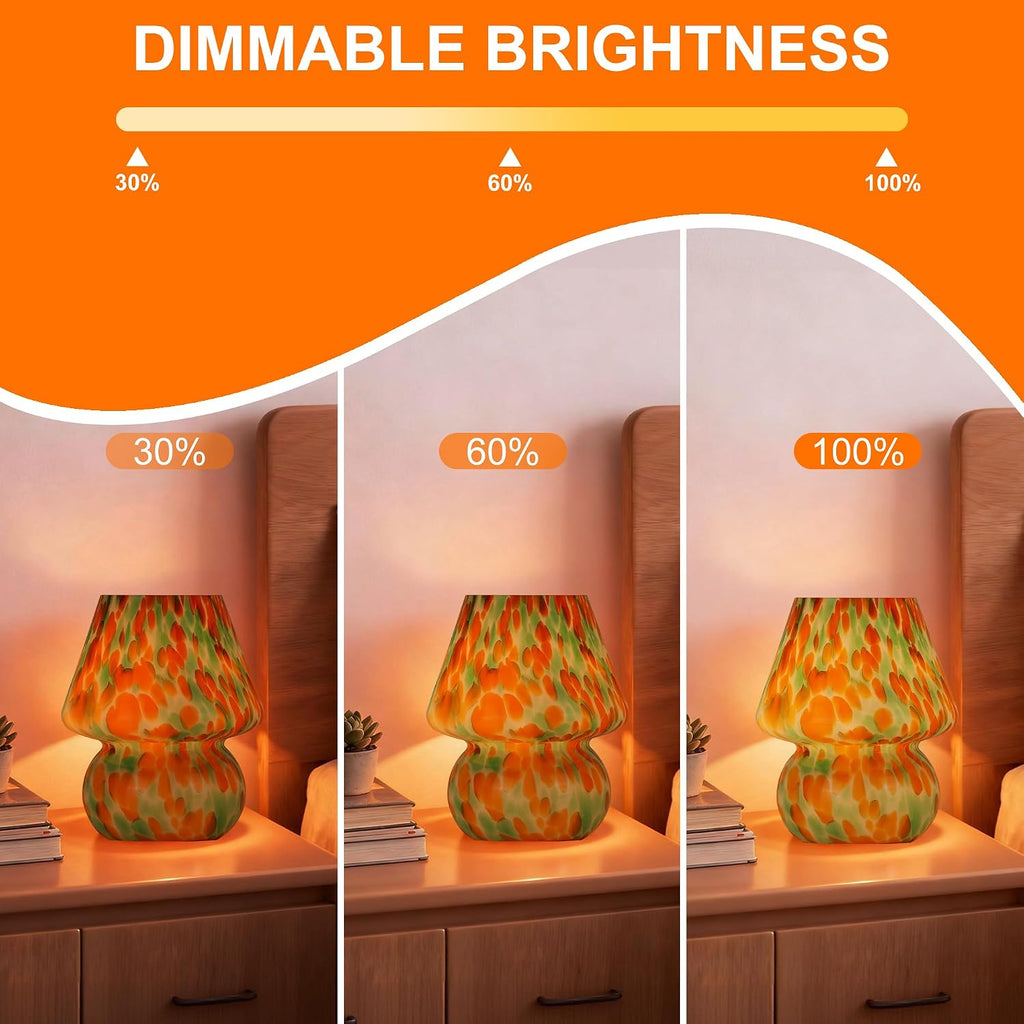Mushroom Lamp Set of 2, Small Glass Table Lamp, Bedside Nightstand Lamp, Cute Desk Lamp for Bedroom, Dorm, Living Room & Kitchen, Classic Vintage Home Decor Lamp (2, Green&Orange)