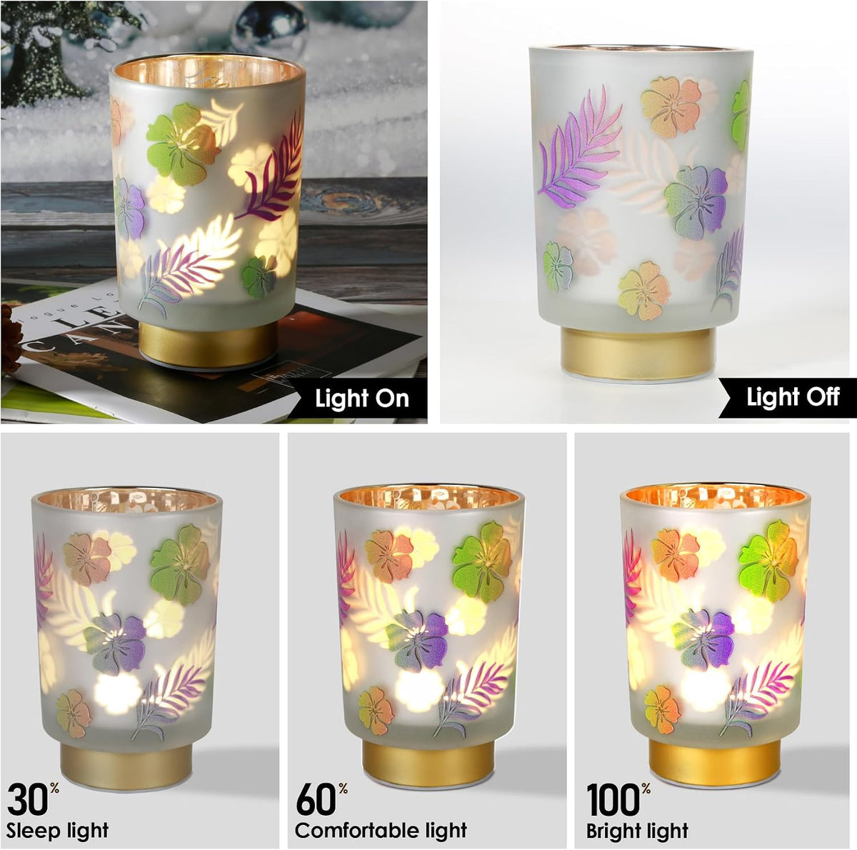 Eywamage 7" Tall Battery Operated Table Lamp, Floral Glass Lamp with Remote Timer, Cordless Accent Lamp Lights for Bedroom Living Room Kitchen
