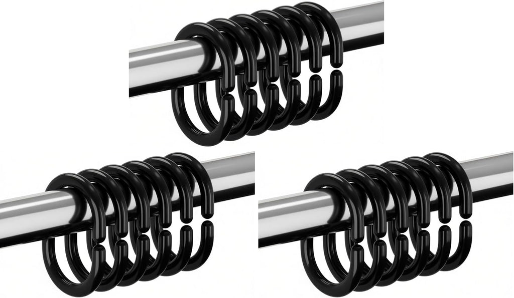 Resze 24 PCS Shower Curtain Rings,Plastic Black Shower Curtain Hooks,C-Shaped Rings Hook Hanger Bathroom Shower Window Rod (Pack of 3)
