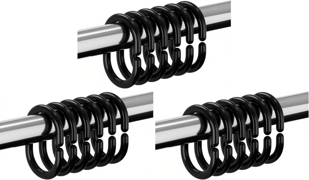 Resze 24 PCS Shower Curtain Rings,Plastic Black Shower Curtain Hooks,C-Shaped Rings Hook Hanger Bathroom Shower Window Rod (Pack of 3)