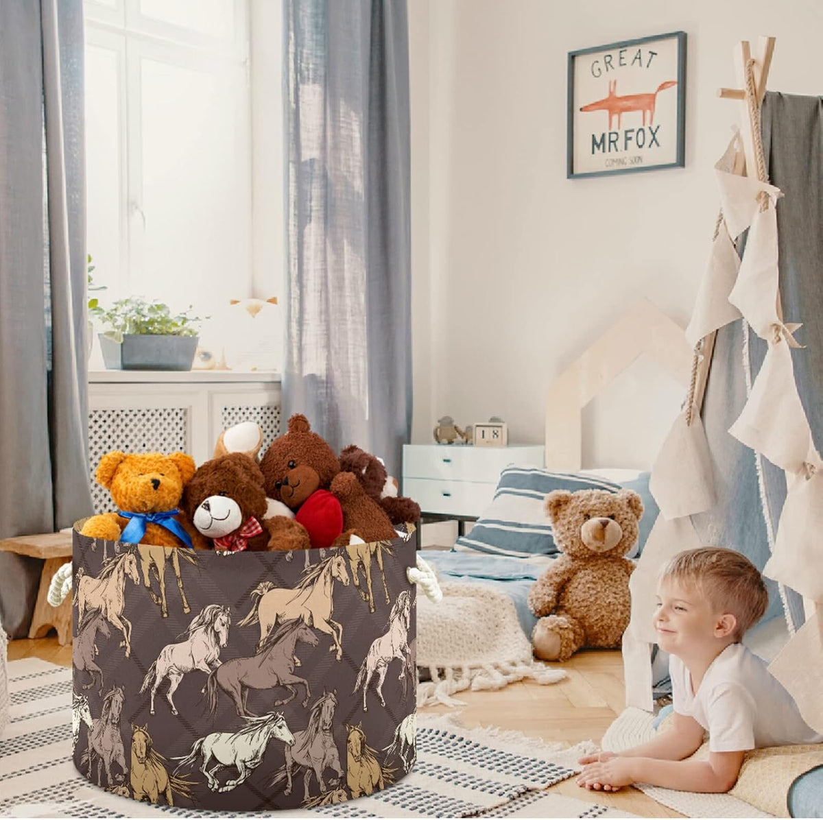 visesunny Horse Brown Pattern Laundry Baskets Fabric Storage Bin Storage Box Collapsible Storage Basket Toy Clothes Shelves Basket for Bathroom,Bedroom,Nursery,Closet,Office