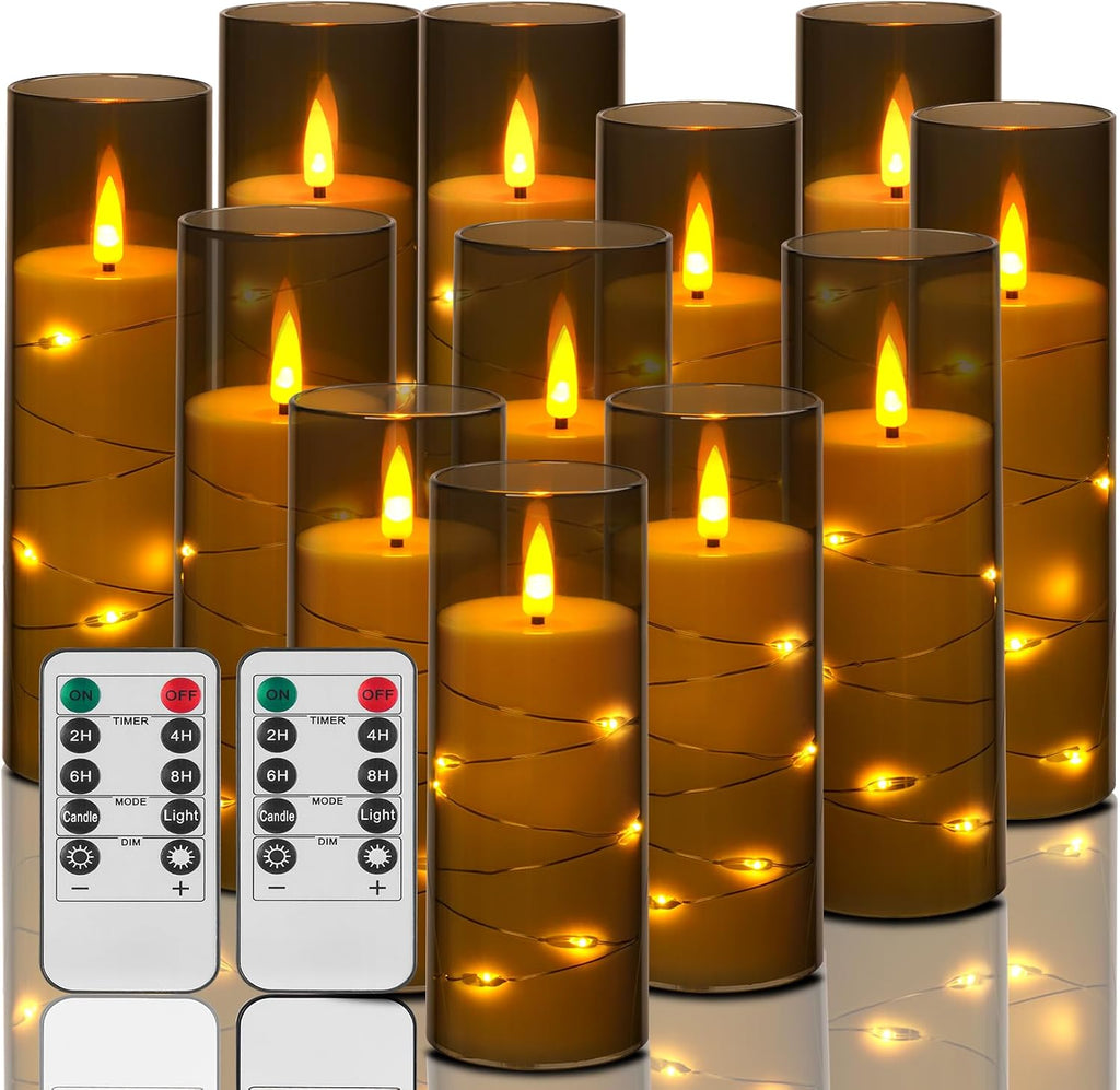ACROSS Grey Flameless Candles with String Lights Battery Operated LED Pillar Candles 5‘’ 6‘’ 7‘’ 8‘’ Candle with Remote Control,Fake Candle Set of 12 for Special Festivals Decorations