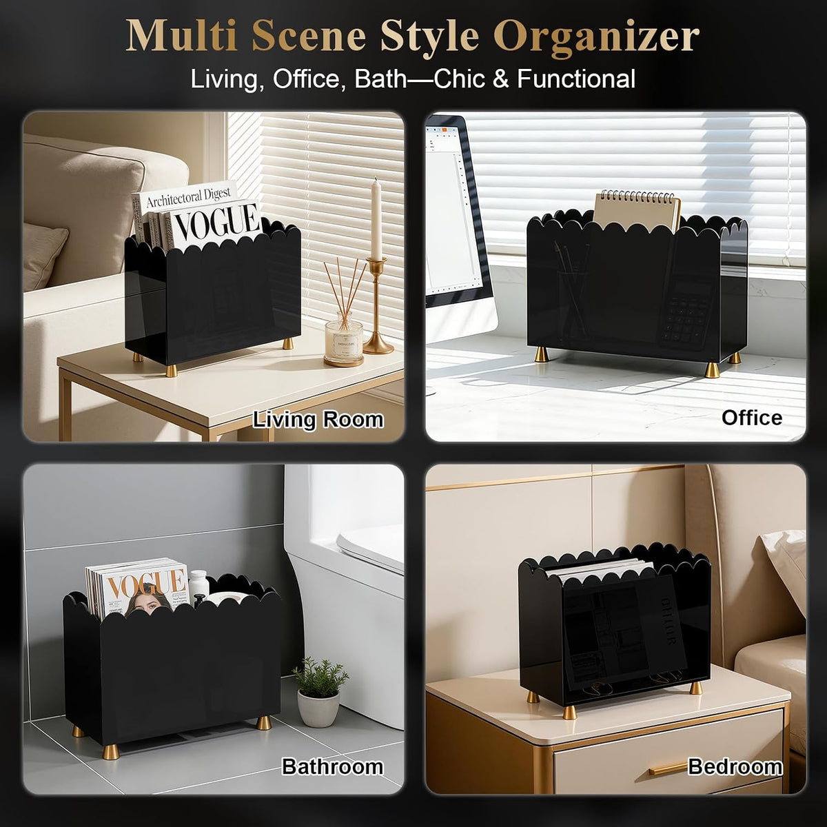 Acrylic Magazine Holder, Magazine Rack Floor,Sleek Black Stylish Organizer with Luxe Gold Metal Feet and Wave Edge Design Space Saving Storage for Books Newspapers Office Supplies,Home Office(Black)