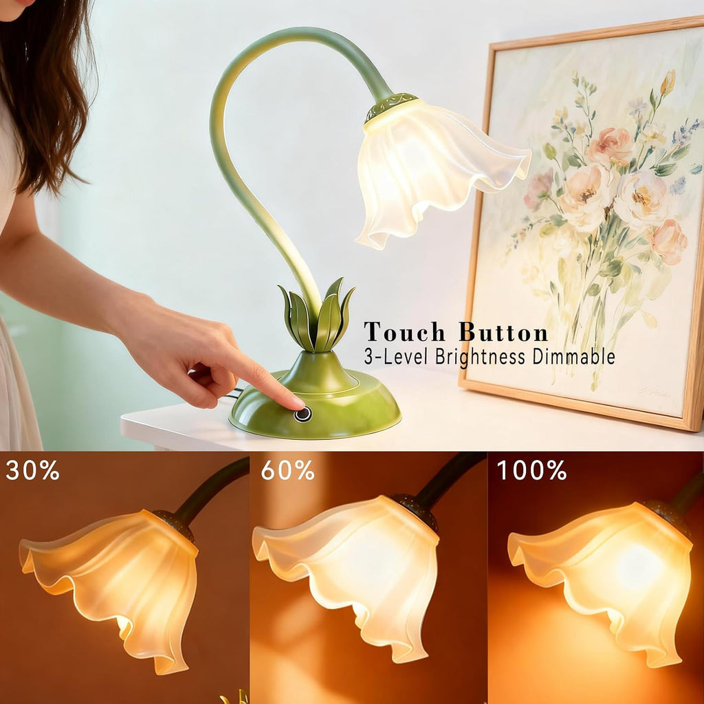 Cordless Flower Table Lamp Green, Valentine‘s Gift, 5200-mAh Rechargeable Touch Lamp, 3-Way Dimmable, Build-in Integrated LED 320 Lumen Max, for Nightstand Bedroom Living Room