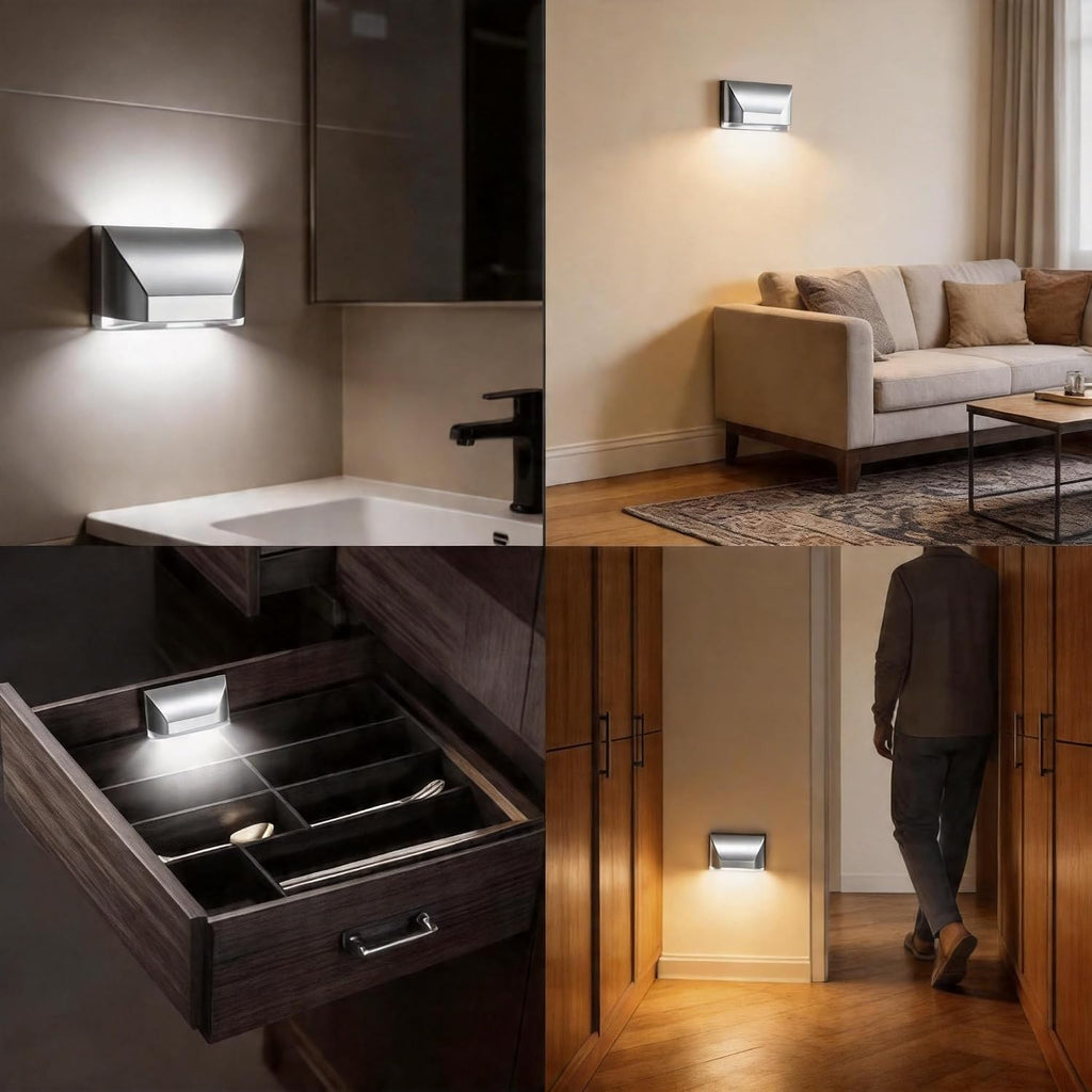 Key Light Door Light, Small Motion Sensor Light with 4 LED Bulbs, Battery Powered Night Lights for Hallway, Stairway, Kitchen, Closet, Bedroom (Silver)