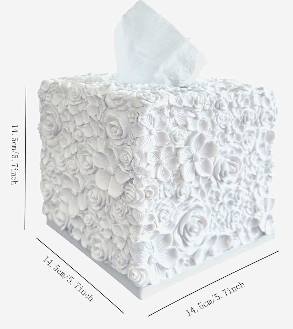 Square Tissue Box Cover Decorative Kleenex Box Holder for Bathroom & Living Room with Handcrafted Texture (Rose White)
