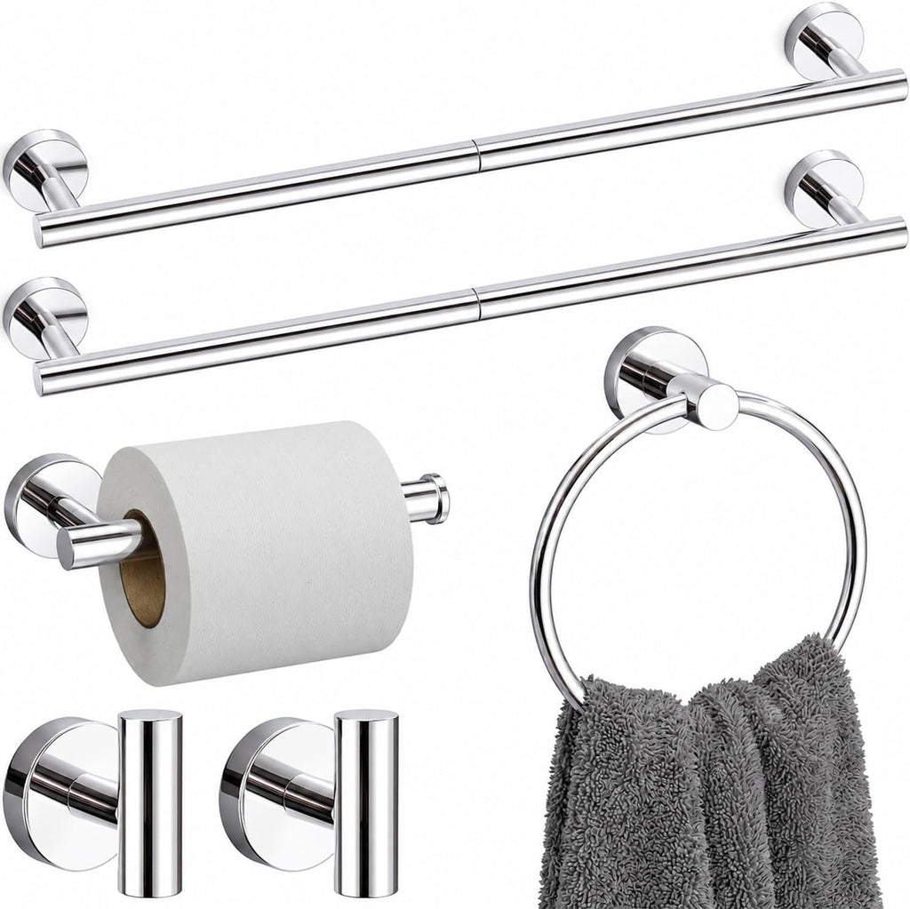 Chrome Bathroom Accessories Set, 6 Pieces Bathroom Hardware Set Chrome Bathroom Set, 24 Inch Towel Racks for Bathroom, SUS304 Stainless Steel Bath Towel Bar Set Toilet Paper Holder Wall Mounted