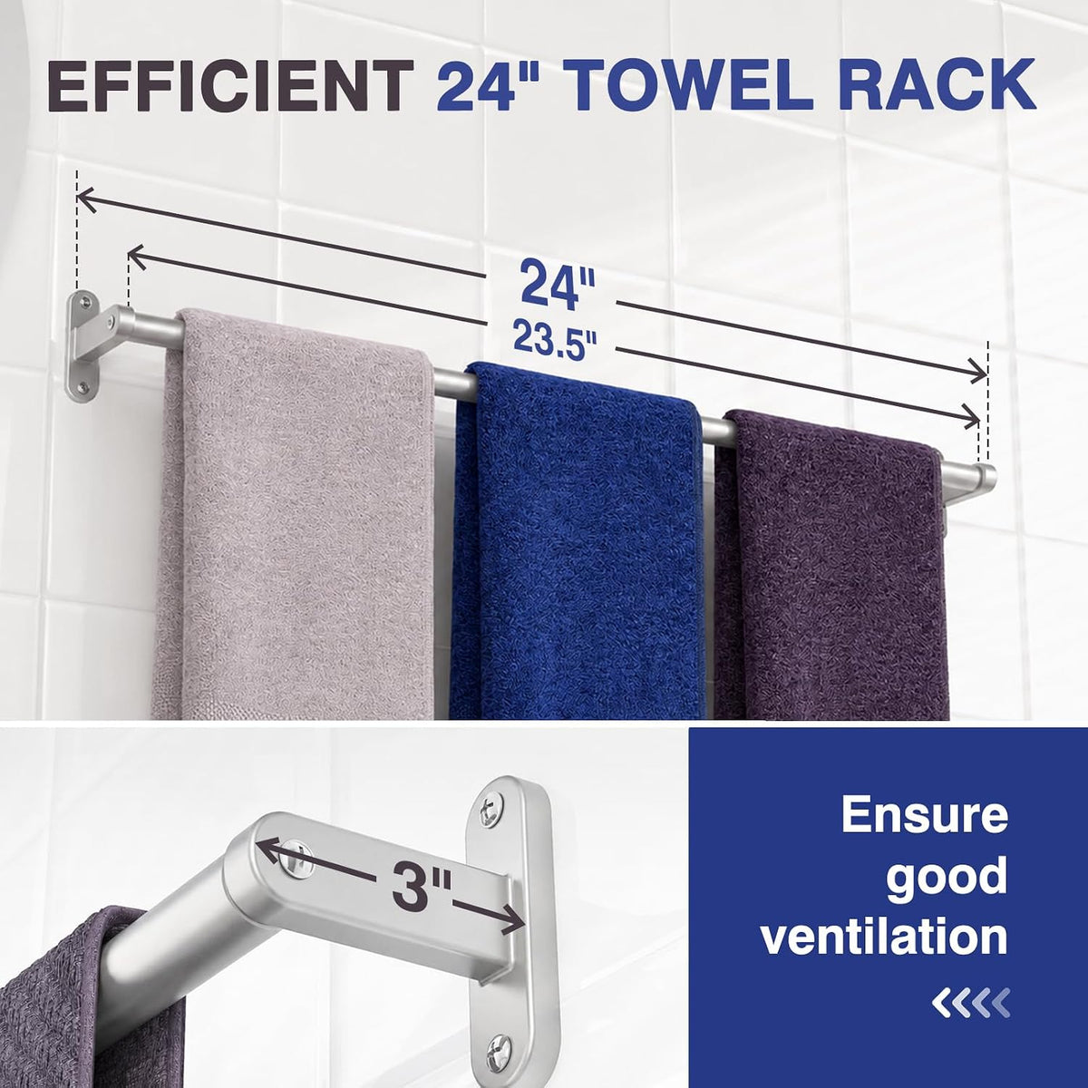 Powools Brushed Nickel 24" Towel Rack, Rustproof Wall Mounted Towel Bar