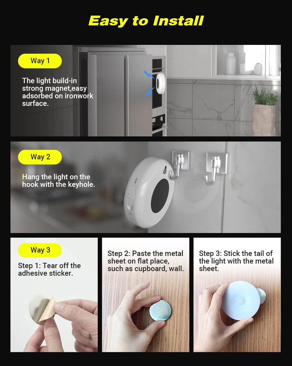 Motion Sensor Night Light Indoor, Rechargeable Small Led Closet Light, Wireless Activated Sensored Smart Cabinet Lights for Under Cabinet, Hallway, Stairway, Kitchen(Warm White, 3Pack)