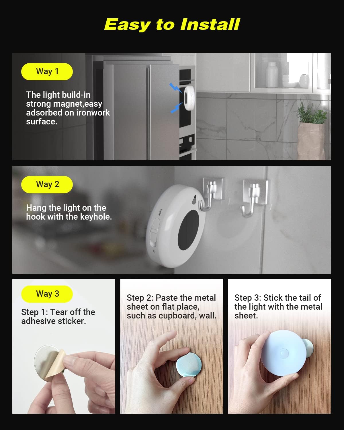 Motion Sensor Night Light Indoor, Rechargeable Small Led Closet Light, Wireless Activated Sensored Smart Cabinet Lights for Under Cabinet, Hallway, Stairway, Kitchen(Warm White, 3Pack)