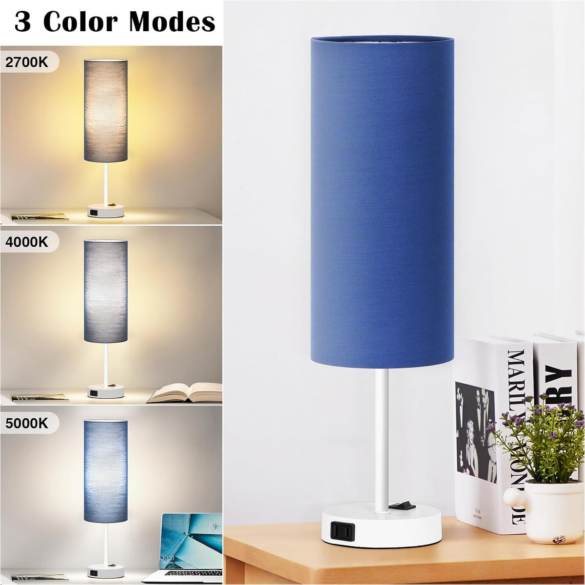 ZJOJO 18" Bedside Lamp for Bedroom Set of 2 Dimmable Table Lamp, AC Outlet