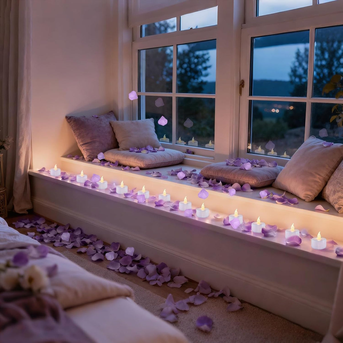500Pcs Rose Petals with 12 LED Tea Lights Candles Set, Purple Artificial Rose Petals and Flameless Candles Set for Anniversary, Valentine's Day, Wedding Christmas Decor