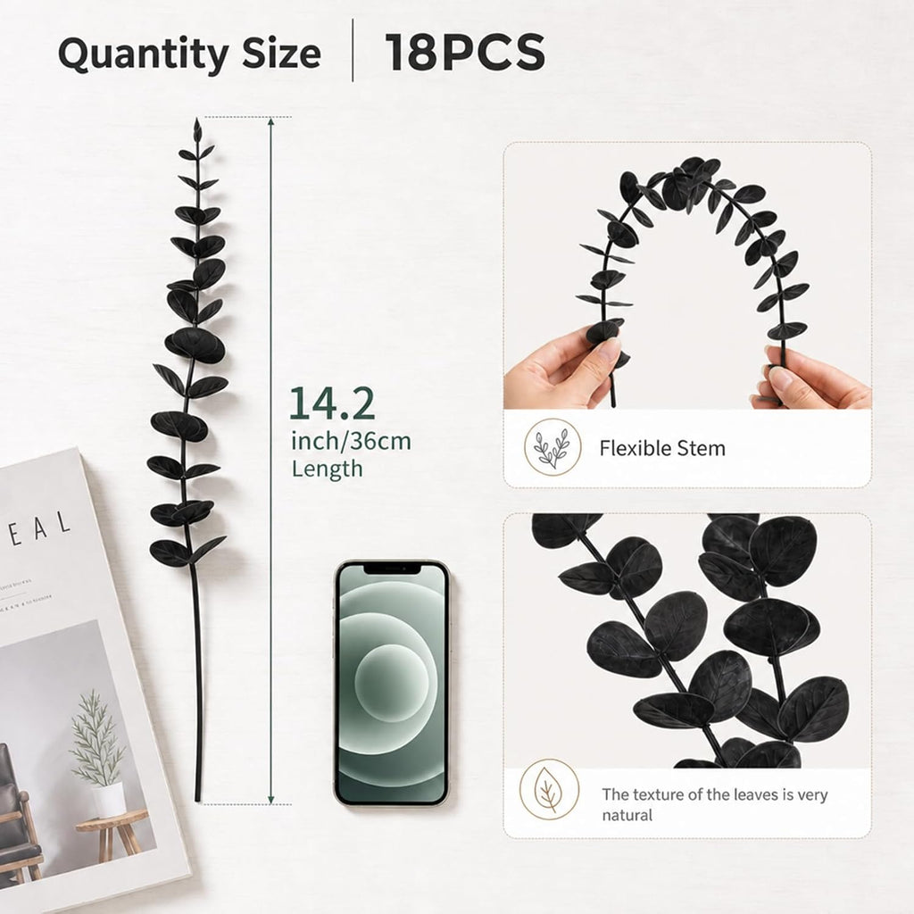 18 Pcs Artificial Eucalyptus Stems Black Leaves Fake Greenery Branches Faux Flowers Bouquet for Home Decor Wedding Centerpiece Table Decoration
