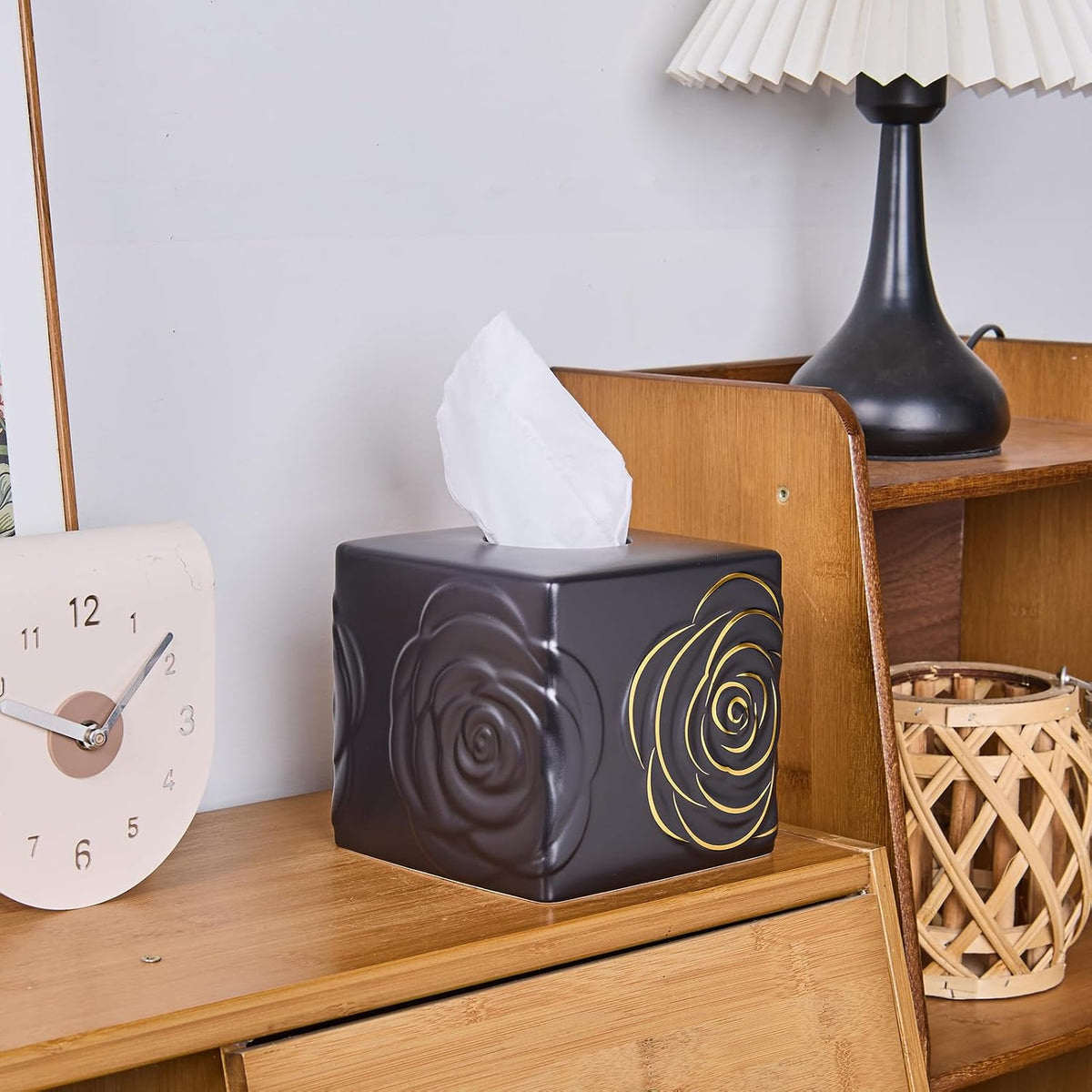 Black Ceramic Cube Tissue Box Cover with Gold Rose – Large Elegant Rose Floral Square Decorative Tissue Box Holder for Bathroom, Bedroom, Office Desk, Kitchen Counter – Perfect Housewarming Gift