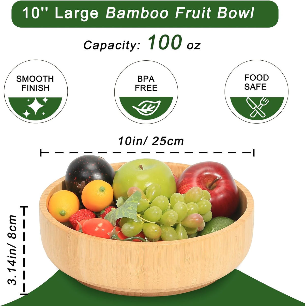 Large Fruit Bowl for Kitchen Counter, 10 Inch Bamboo Wooden Straight-Side Serving Bowl for Salad, Vegetables and Fruits, Rustic Decorative Bowls for Dinner Table Centerpiece Decor, 100 Oz