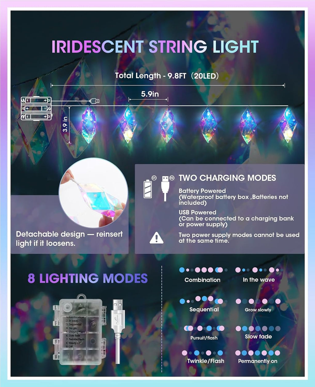 AceList Iridescent String Lights Indoor, 20 LED 9.84FT Holographic Battery & USB Powered, 8 Lighting Modes, Crystal Diamond Fairy Lights for Wedding, Christmas, Party, Room Décor