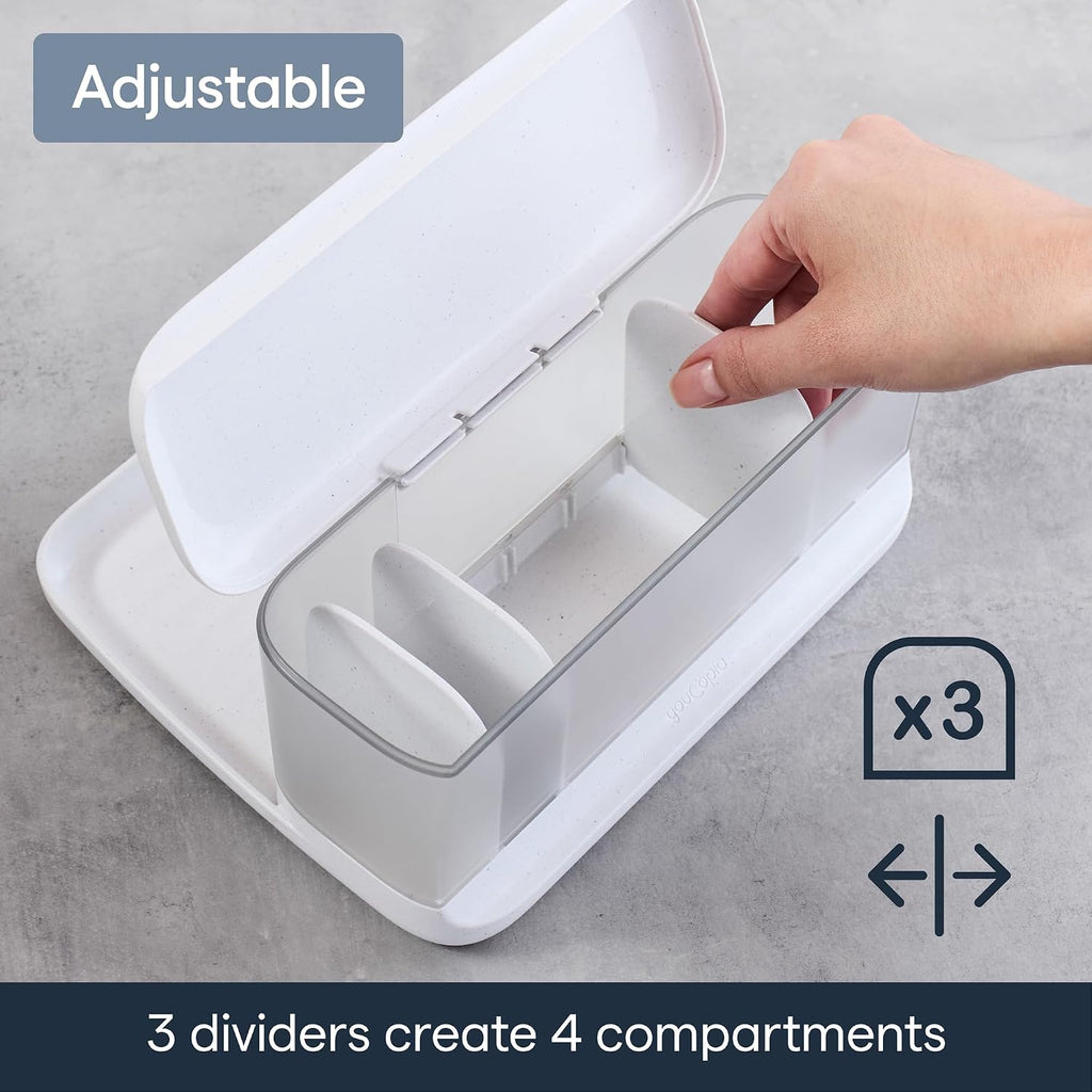 YouCopia HideAway Counter Caddy, Bathroom Vanity Countertop Organizer Tray with Adjustable Dividers and Lid