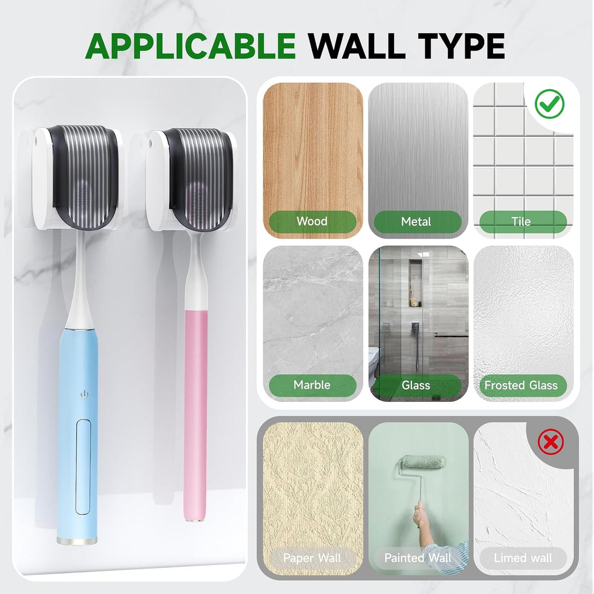 6 Pcs Toothbrush Holders Wall Mounted, Single Slot Design, Shower Self Adhesive Wall Mounted Toothbrush Holder with Cover, Waterproof and Dustproof, Suitable for Bathroom, Family, Travel (Grey)