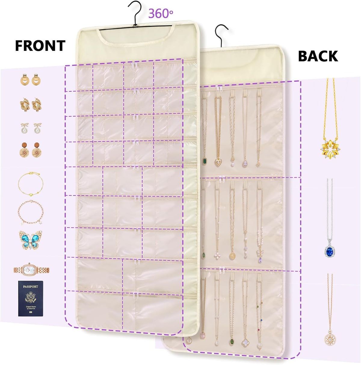 FOREGOER Hanging Jewelry Organizer 32 Zippered Pocket, 2-Sided, Beige