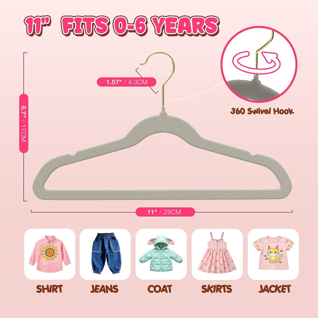 Korpai 50 Pack Baby Velvet Hangers 11 Inch, Non-Slip, Ultra Slim,Space-Saving Baby Hangers with 360° Swivel Hook, 7LBS Capacity, Toddler & Baby Romper/Dresses/Shirts/Coats/, Grey