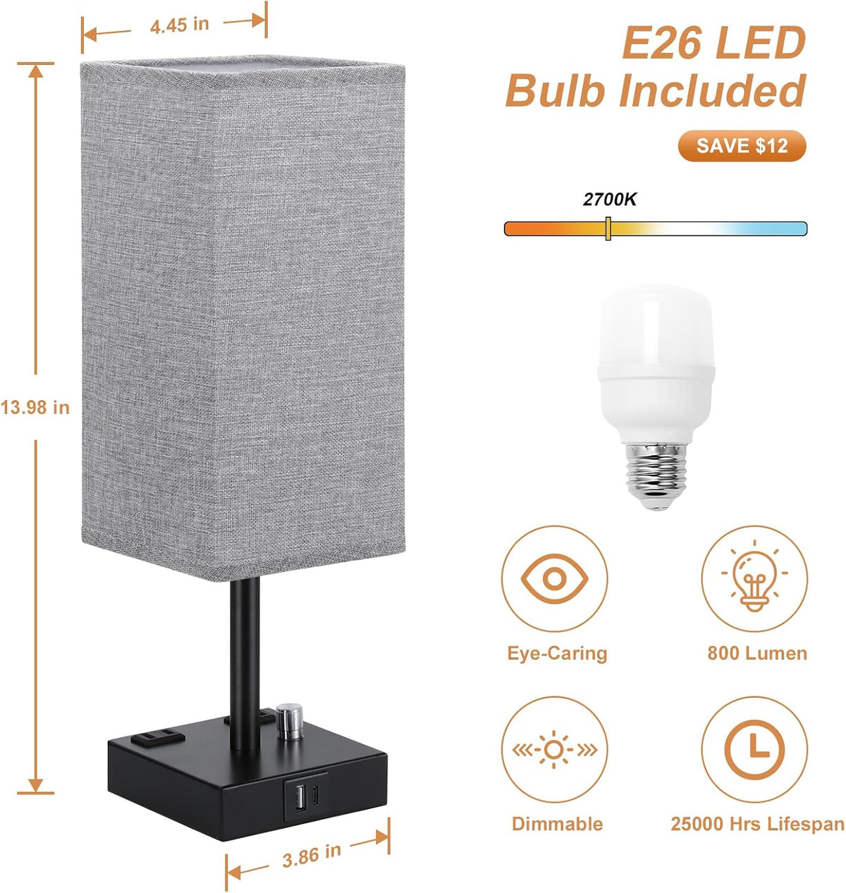 Grey Bedside Table Lamps Set of 2 - Dimmable, USB C+A, 2 AC Outlets