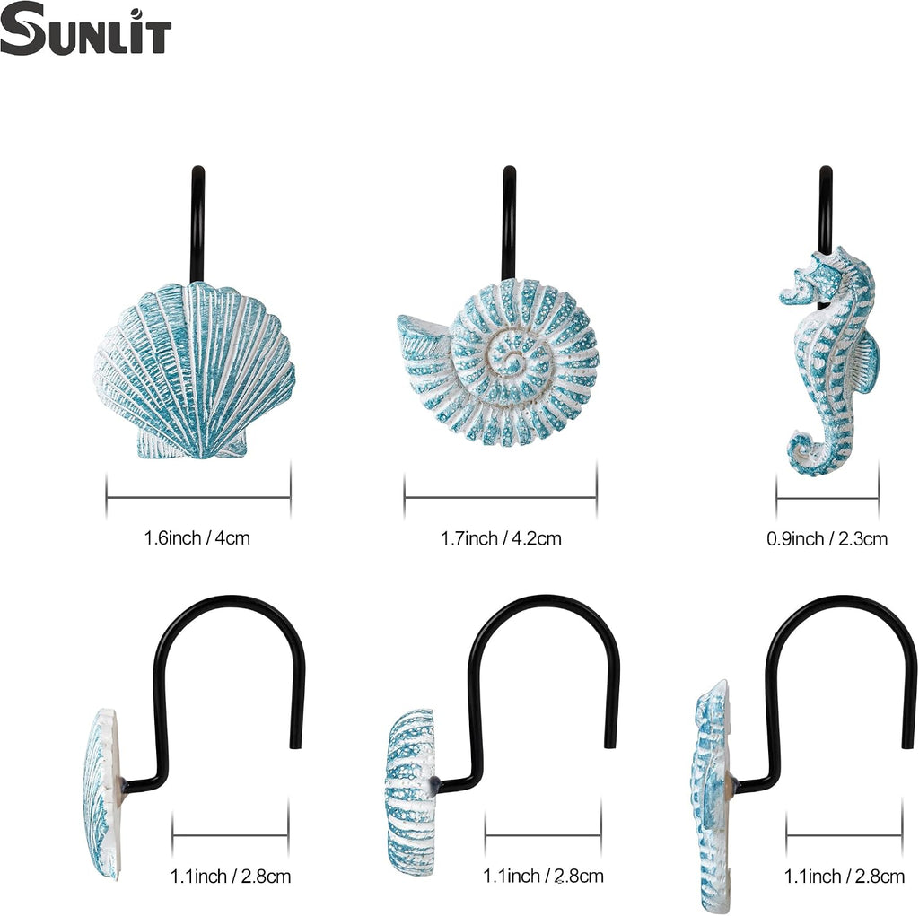 Sunlit Seashells Decorative Shower Curtain Hooks, Aqua Blue Ocean Creatures Coastal Shower Curtain Rings with Black Hooks, Resin, Nautical Bathroom Decoration Beach Shower Curtain Hooks, Set of 12