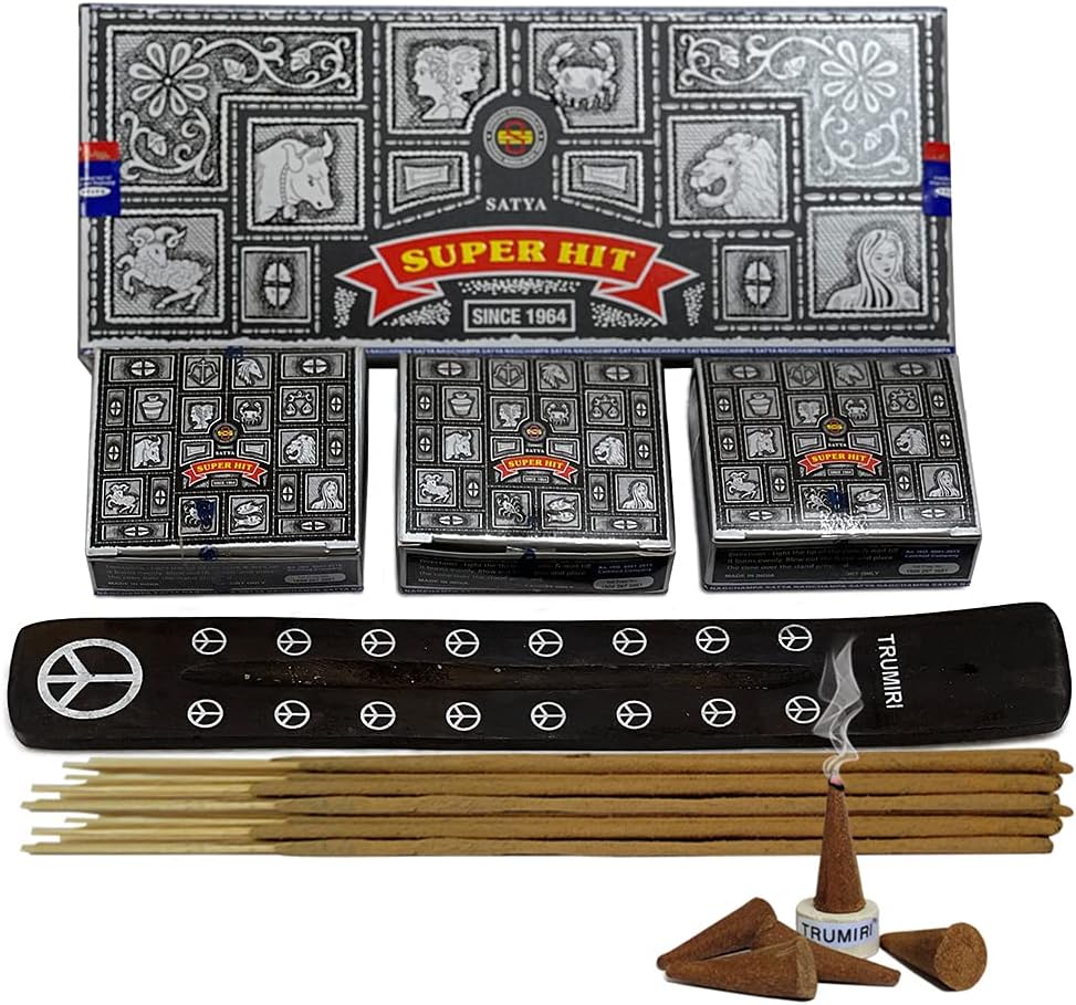 Super Hit Incense Sticks and Cones Variety Pack with Burner Holder Bundle from Satya Incense 100g Trumiri for Smudging and Aroma
