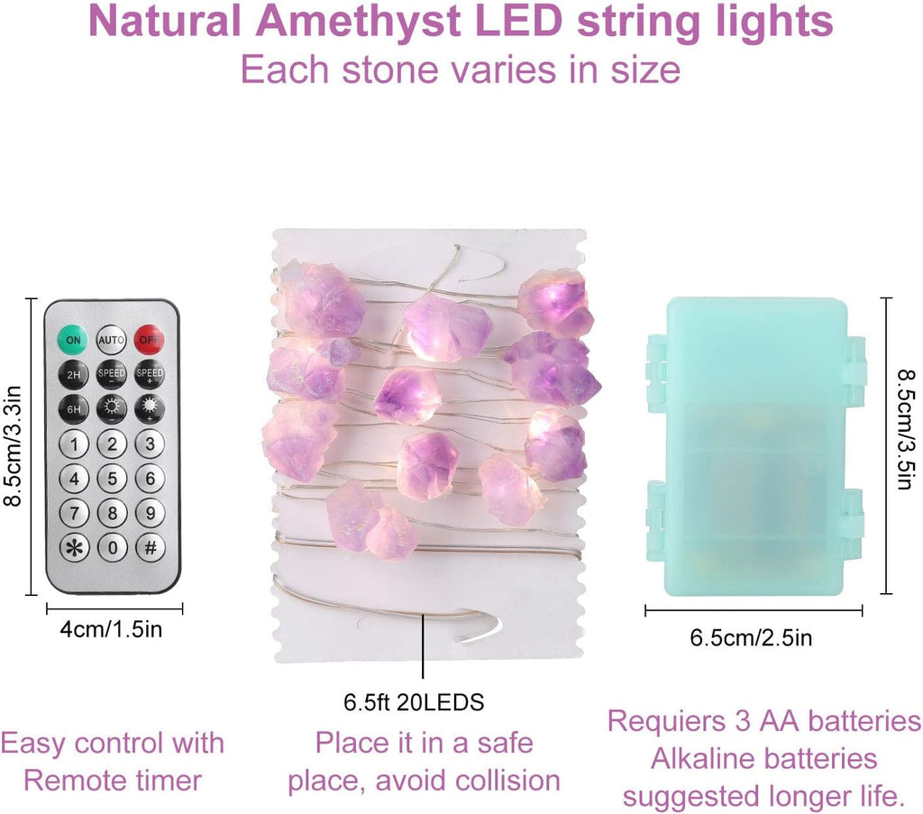 Natural Amethyst Decorative Lights Crystal Indoor String Lights Raw Stones 8.5feet 20LEDs with Remote Control, Hanging Healing Reiki Ornaments Battery Operated for Room Wedding Valentines Day Decor