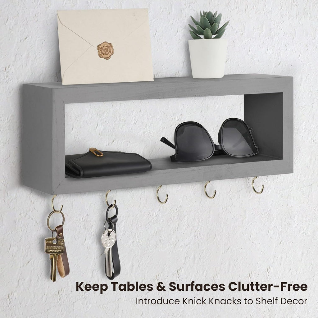 Lwenki Wall Shelf with Hooks - Decorative Key and Wallet Holder for Wall Holds Sunglasses, Leashes, Scarves and Lanyards - 15.7" x 5.1" x 2.9" Entryway Organizer Made of Paulownia Wood (Gray)