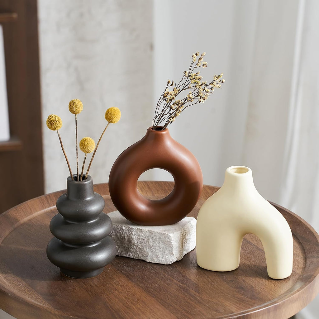 Boho Ceramic Vase Set of 3, Rustic Flower Vases for Pampas Grass