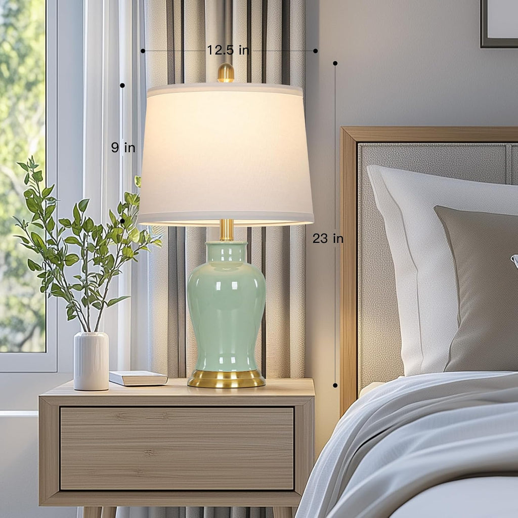 Ruzectt Green Ceramic Lamps Set of 2, 23" Modern Table Lamps for Living Room, Classic Bedside Lamp with Ginger Jar Design, Elegant Bedroom Lamp for Night Stand Desk Side End Table Home Decor