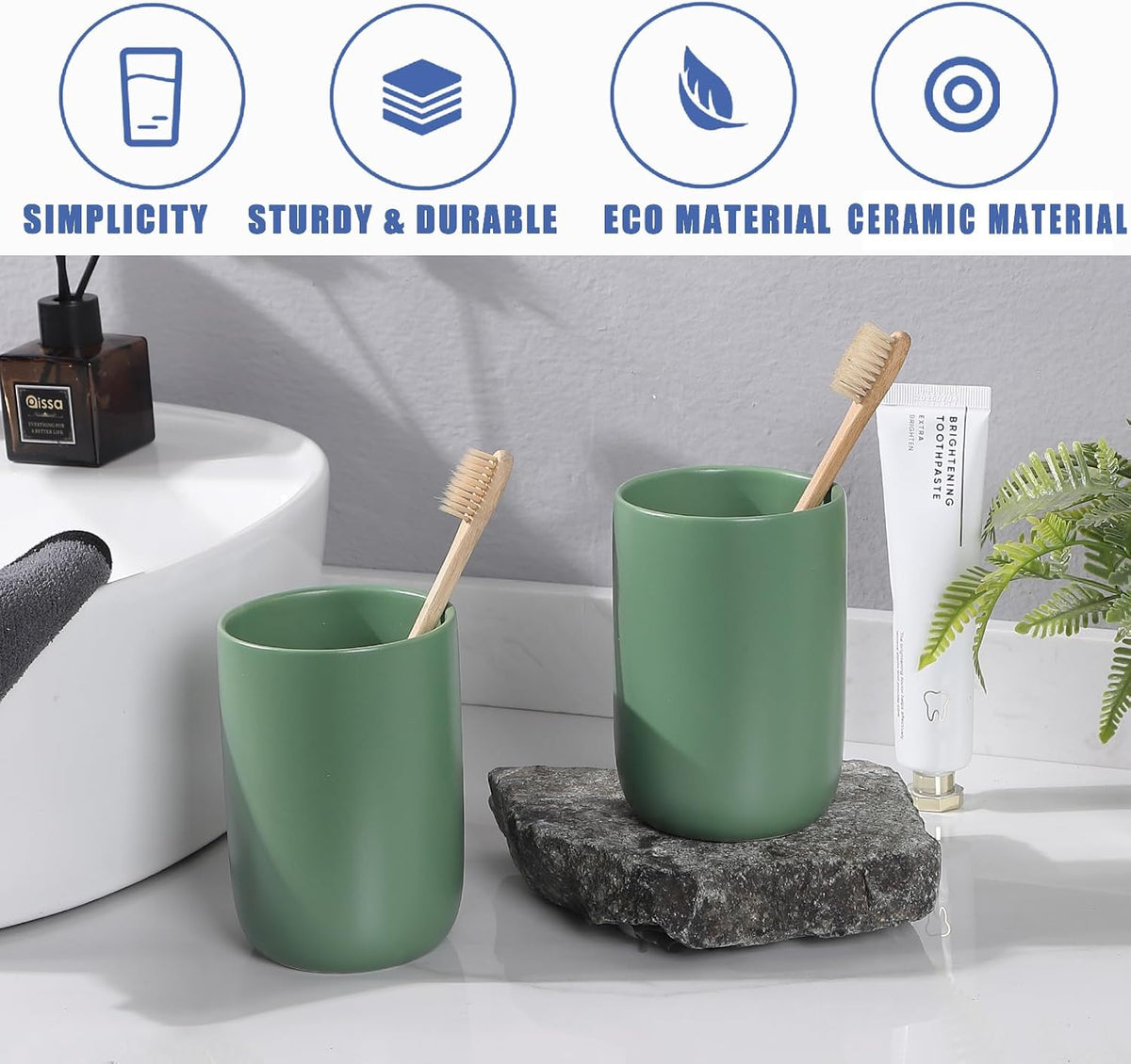 Green Toothbrush Holders for Bathrooms - 2 Cups Ceramic Toothbrush Toothpaste Holders Set, Green Bathroom Tumbler Cups Reusable Toothbrush Mouthwash Cup, Bathroom Counter Organizer.