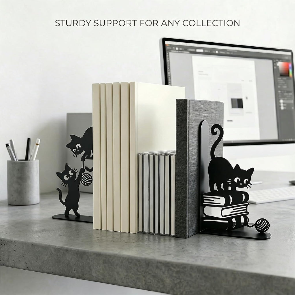 Funny Cat Bookends Metal Black Cat Book Ends for Shelves Decorative Bookshelf Home Office Desk Bookshelf Decor Gift for Cat Lovers and Reading Enthusiasts