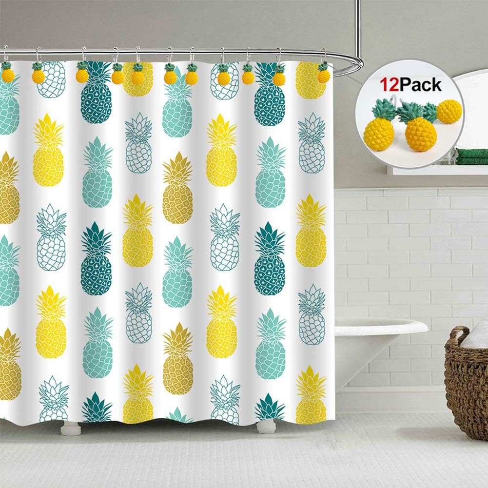 Chictie Yellow Pineapple Shower Curtain Hooks Set of 12,Cute Fruit Design Stainless Steel Shower Hooks Decorative Hanger Rings Rust Resistant for Bathroom Kids Room Fashion Home Decor