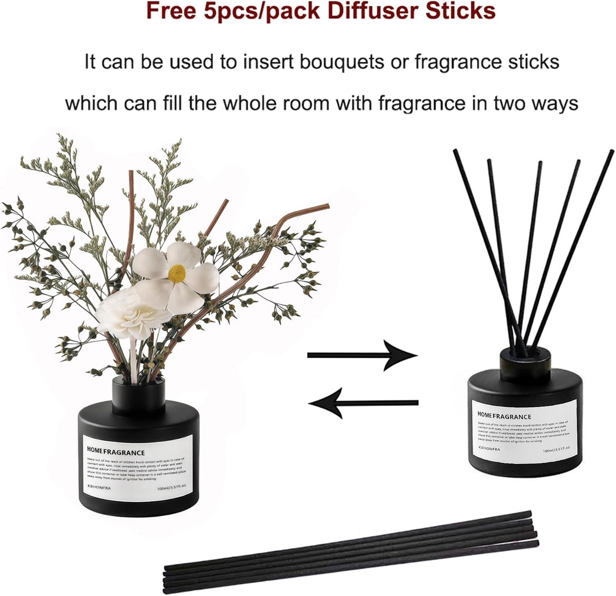 Reed Diffuser Set with Dried Flowers, 3.38fl.oz Fragrance Diffuser with Sticks, Scented Sticks Aroma Diffuser, Home & Office Décor for Air Fresheners, Bathroom (Jasmine Tea)
