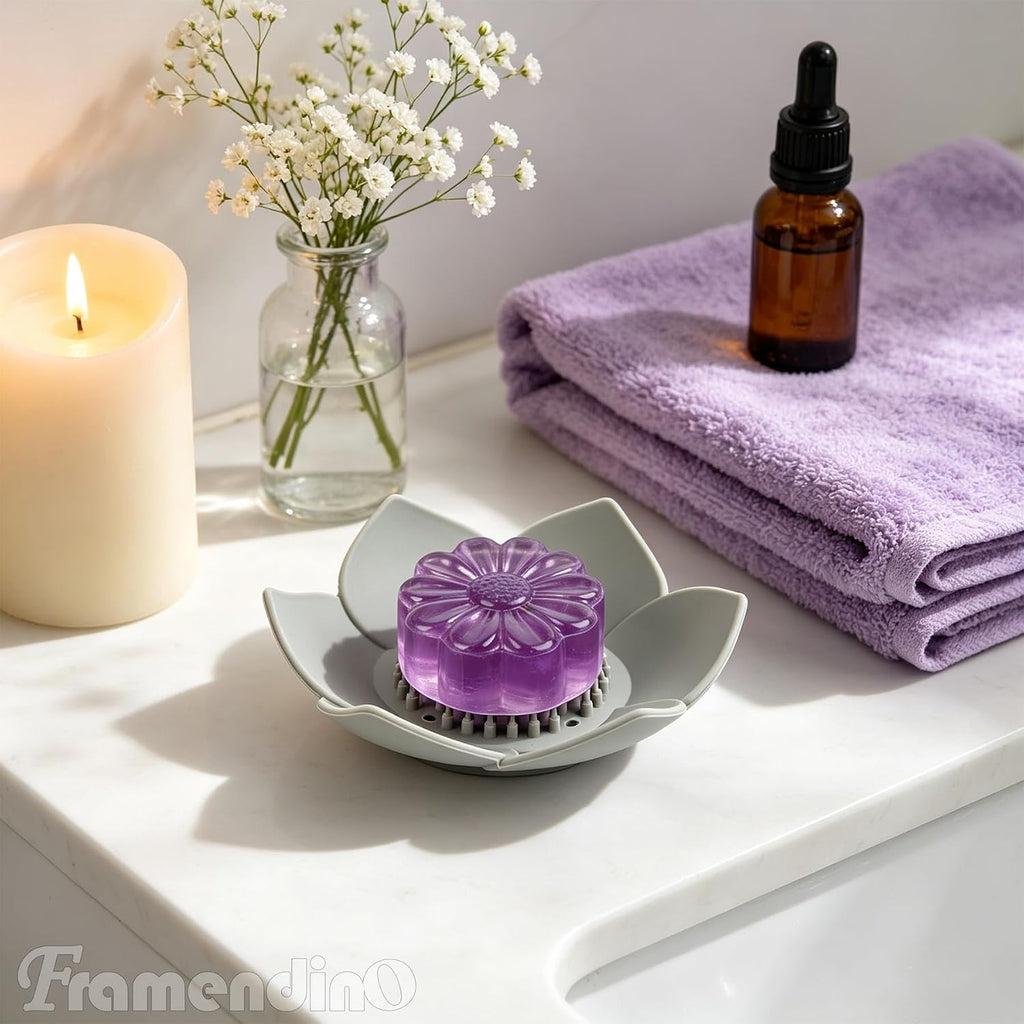 Framendino, 4 Pack Silicone Soap Dishes, Flexible Non-Slip Floral Shaped Design Self-draining Sponge Bar Holder Flower Shape Saver for Shower Bathroom Kitchen Sinks