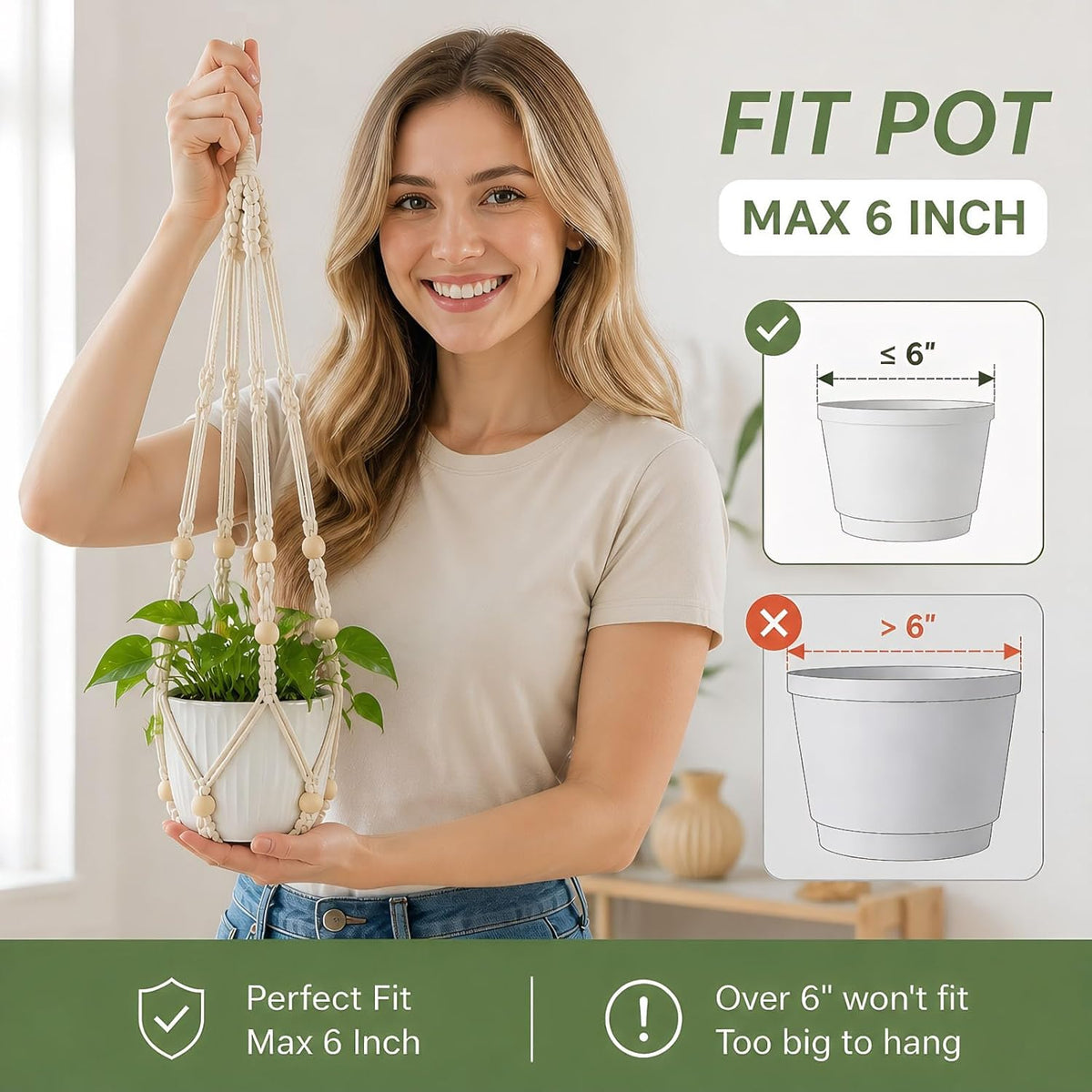 Macrame Plant Hanger Indoor, 23" No Tassel Hanging Plant Holder, Sturdy Flower Pot Holder with 2 Hooks - Ivory (Pot NOT Included)